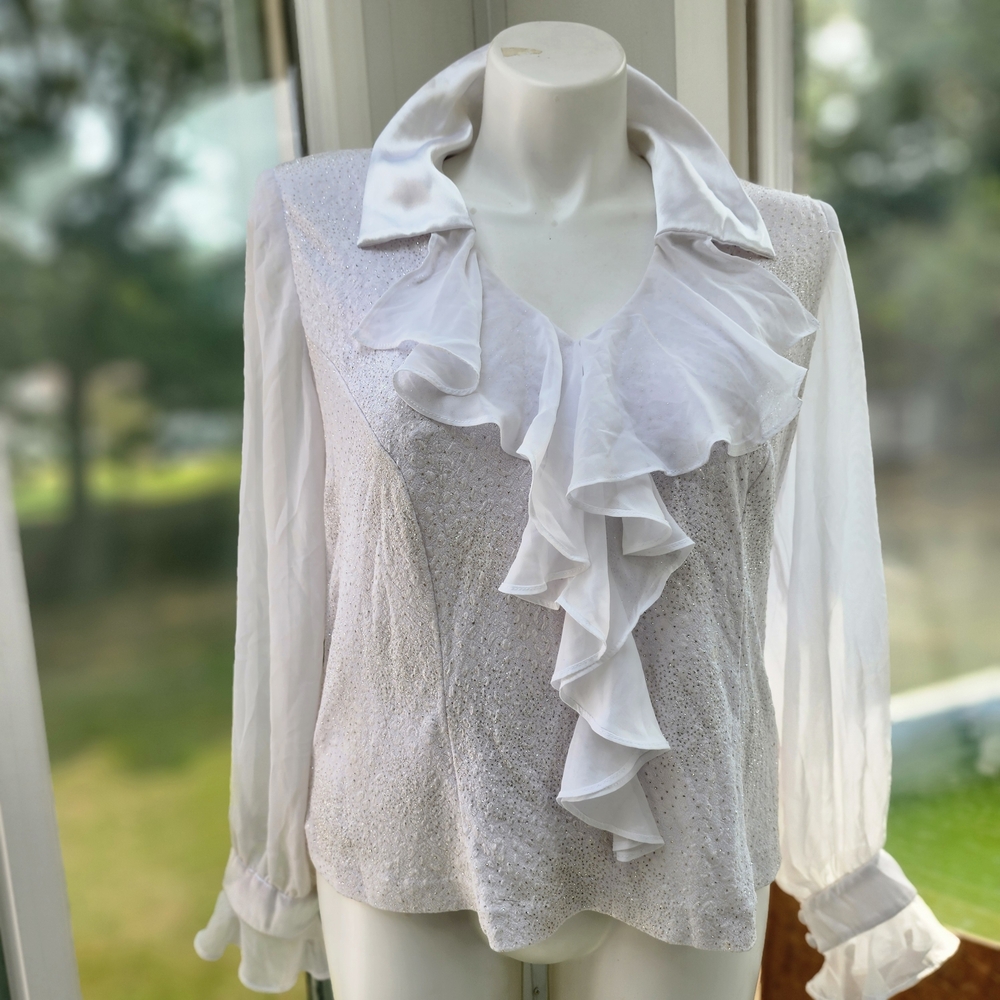 Vintage White Sparkly Sheer Sleeve Ruffle Blouse